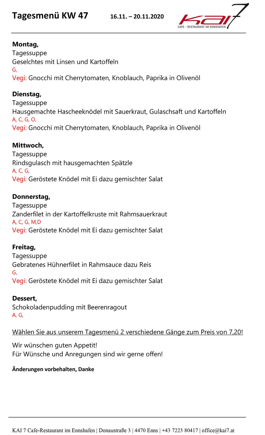 KAI 7 CafeRestaurant im Ennshafen Speisen & Getränke